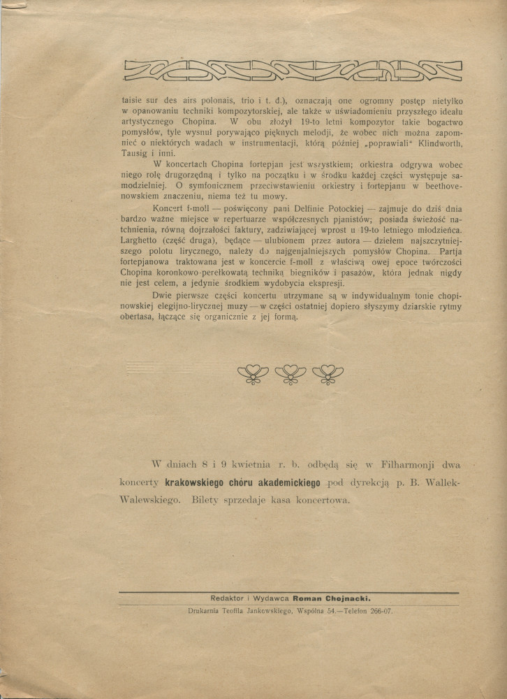 Libretto (en polonais) du concert d'abonnement de l'Orchestre philharmonique de Varsovie donné le 28 mars 1913 à la Philharmonie de Varsovie sous la direction de Zdzislaw Birnbaum, avec en soliste Paderewski dans le Concerto n° 2 de Chopin