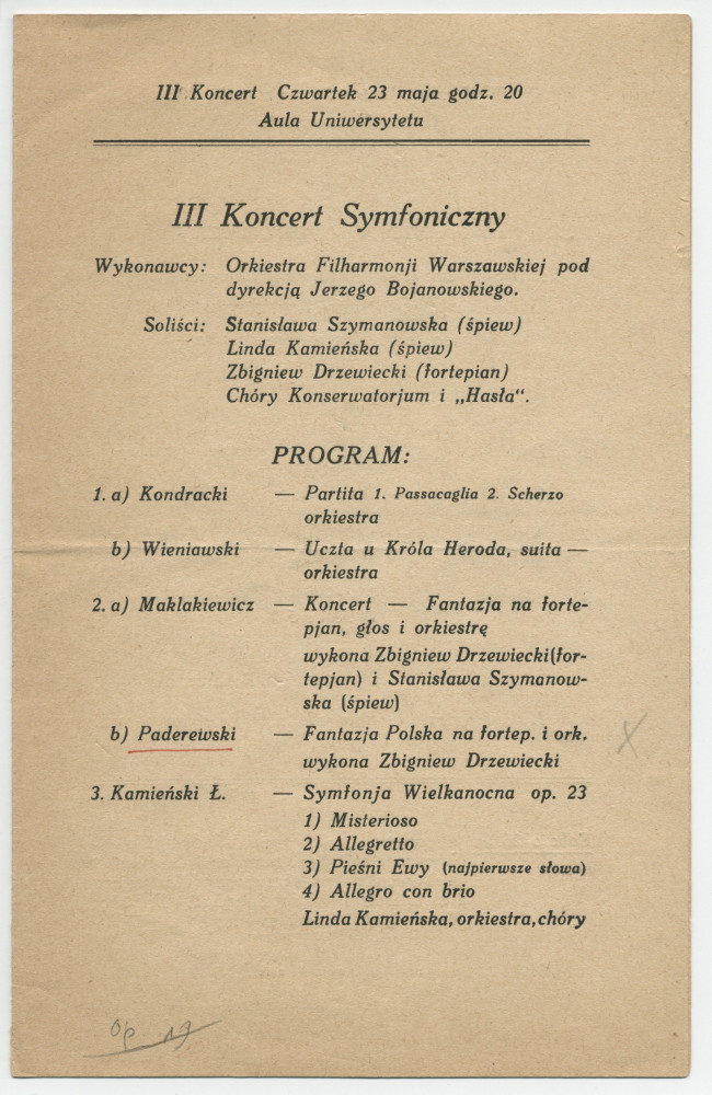 Programme (en polonais) du concert symphonique donné le 23 mai 1920 à l'Aula de l'Université de Varsovie par l'Orchestre philharmonique de Varsovie dirigé par Jerzego Bojanowskiego, dans le cadre d'un Festival de musique polonaise
