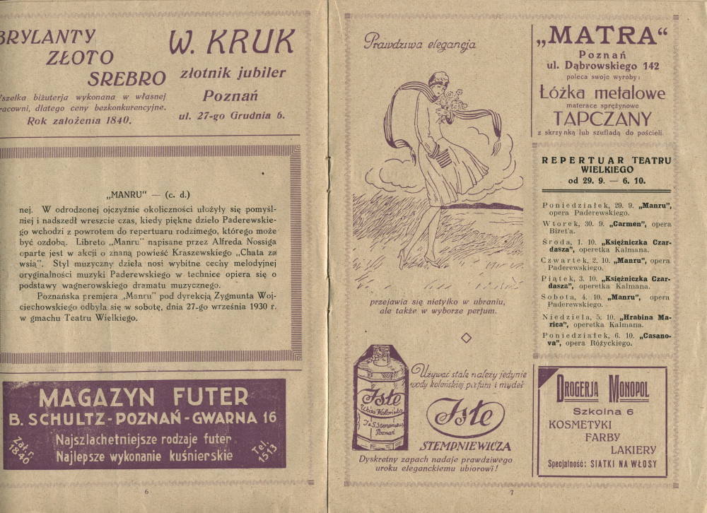 Programme de la représentation de l'opéra «Manru» de Paderewski le 27 septembre 1930 au Teatr Wielki [Grand Théâtre] de Poznan, sous la direction de Zygmunt Wojciechowski, avec Stanislas Drabik en Manru et Marja Bojar-Przemieniecka en Ulana (a-e)
