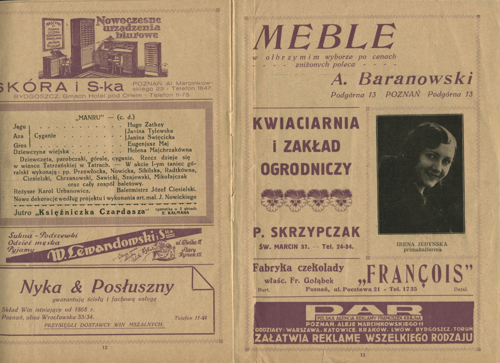 Programme de la représentation de l'opéra «Manru» de Paderewski le 27 septembre 1930 au Teatr Wielki [Grand Théâtre] de Poznan, sous la direction de Zygmunt Wojciechowski, avec Stanislas Drabik en Manru et Marja Bojar-Przemieniecka en Ulana (f-i)