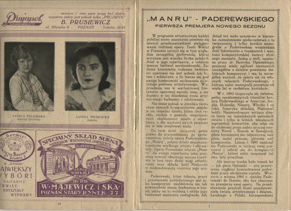 Programme de la représentation de l'opéra «Manru» de Paderewski le 27 septembre 1930 au Teatr Wielki [Grand Théâtre] de Poznan, sous la direction de Zygmunt Wojciechowski, avec Stanislas Drabik en Manru et Marja Bojar-Przemieniecka en Ulana (f-i)