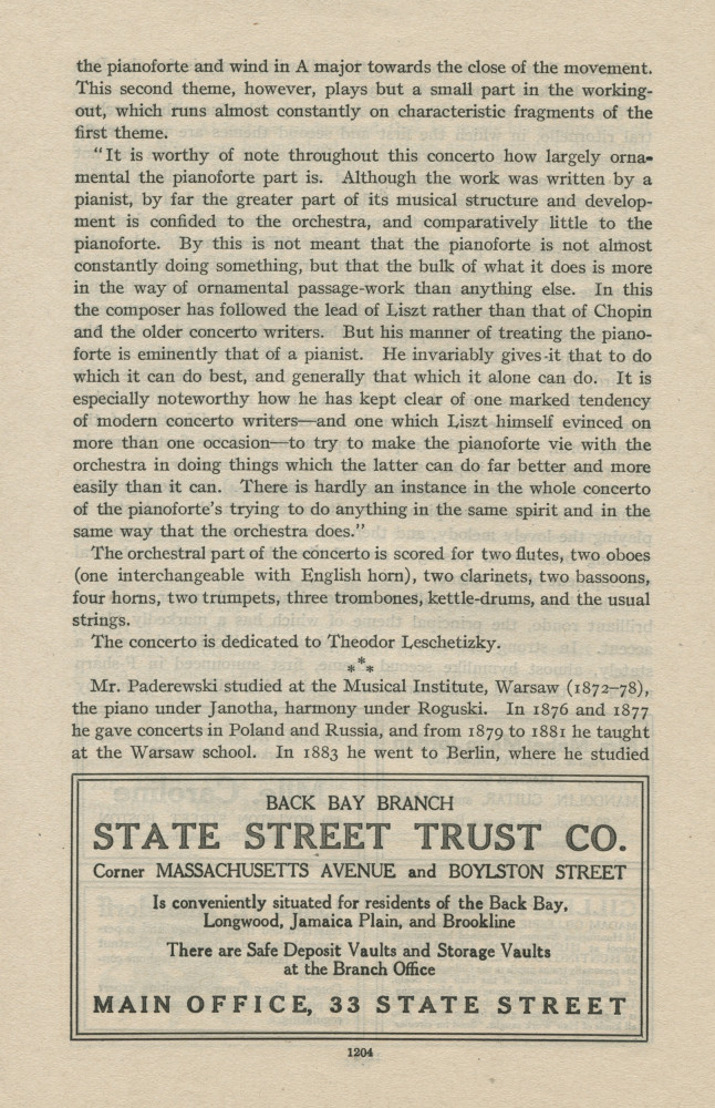 Libretto du 18e concert de la saison 1912-1913 du Boston Symphony Orchestra donné le 13 mars 1913 au Symphony Hall de Boston sous la direction de Karl Muck, avec la participation de Paderewski dans son Concerto pour piano