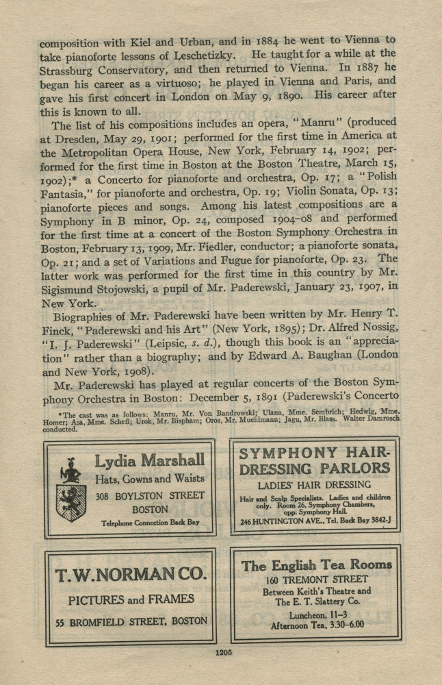 Libretto du 18e concert de la saison 1912-1913 du Boston Symphony Orchestra donné le 13 mars 1913 au Symphony Hall de Boston sous la direction de Karl Muck, avec la participation de Paderewski dans son Concerto pour piano