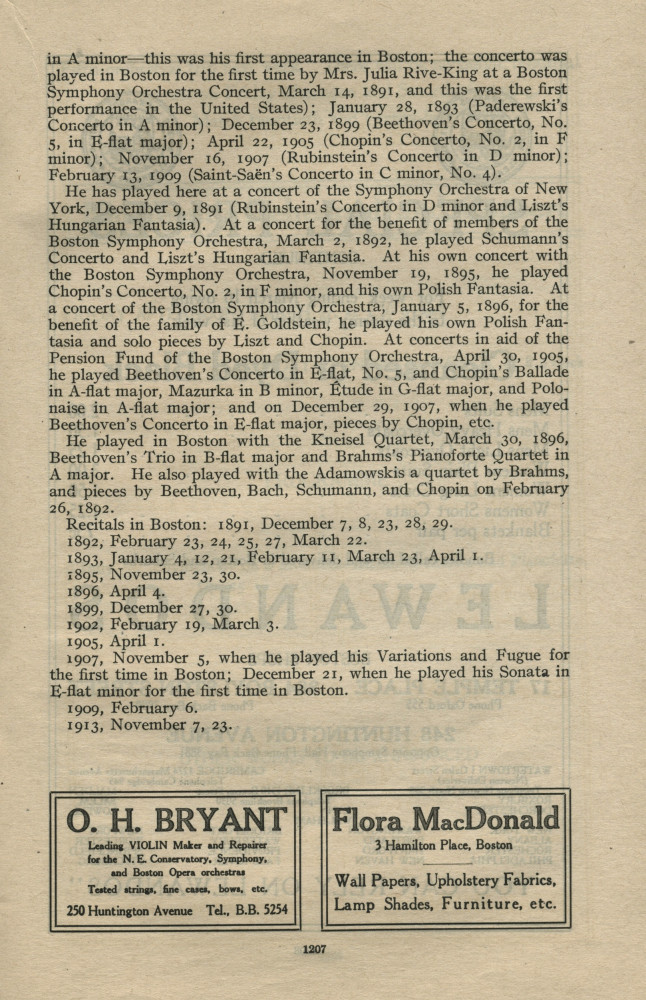 Libretto du 18e concert de la saison 1912-1913 du Boston Symphony Orchestra donné le 13 mars 1913 au Symphony Hall de Boston sous la direction de Karl Muck, avec la participation de Paderewski dans son Concerto pour piano