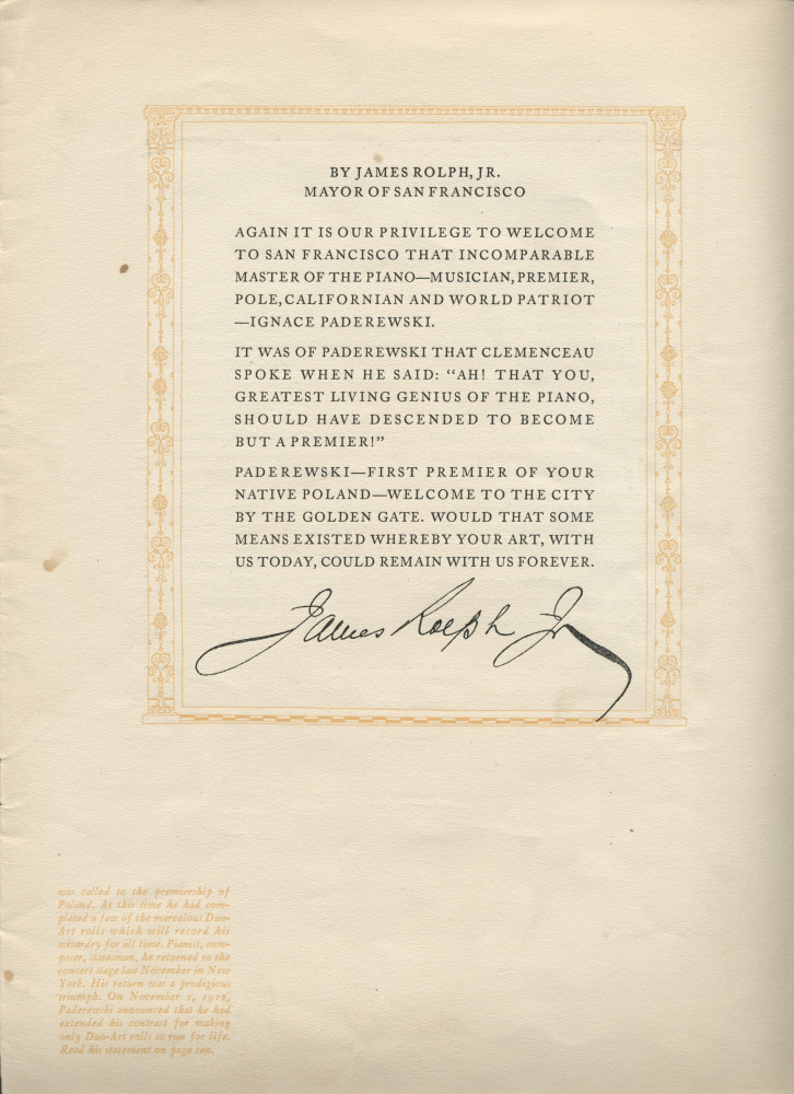 Libretto du récital donné «On the Steinway Piano, the Instrument of the Immortals» par Paderewski le 8 mars 1923 à l'Exposition Auditorium de San Francisco (Californie) (a-i)