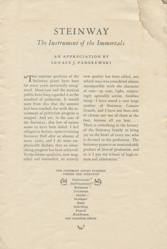 Libretto du récital donné «On the Steinway Piano, the Instrument of the Immortals» par Paderewski le 29 février 1924 à Oakland (Californie) (?)