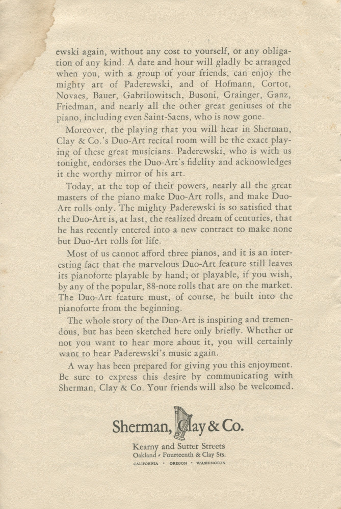 Libretto du récital donné «On the Steinway Piano, the Instrument of the Immortals» par Paderewski le 29 février 1924 à Oakland (Californie) (?)
