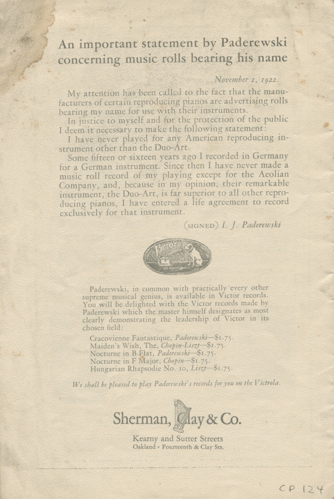 Libretto du récital donné «On the Steinway Piano, the Instrument of the Immortals» par Paderewski le 29 février 1924 à Oakland (Californie) (?)