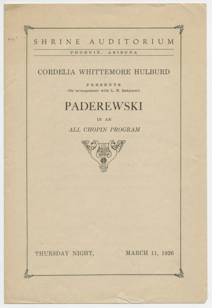 Programme du récital Chopin donné par Paderewski le 11 mars 1926 au Shrine Auditorium de Phoenix (Arizona)
