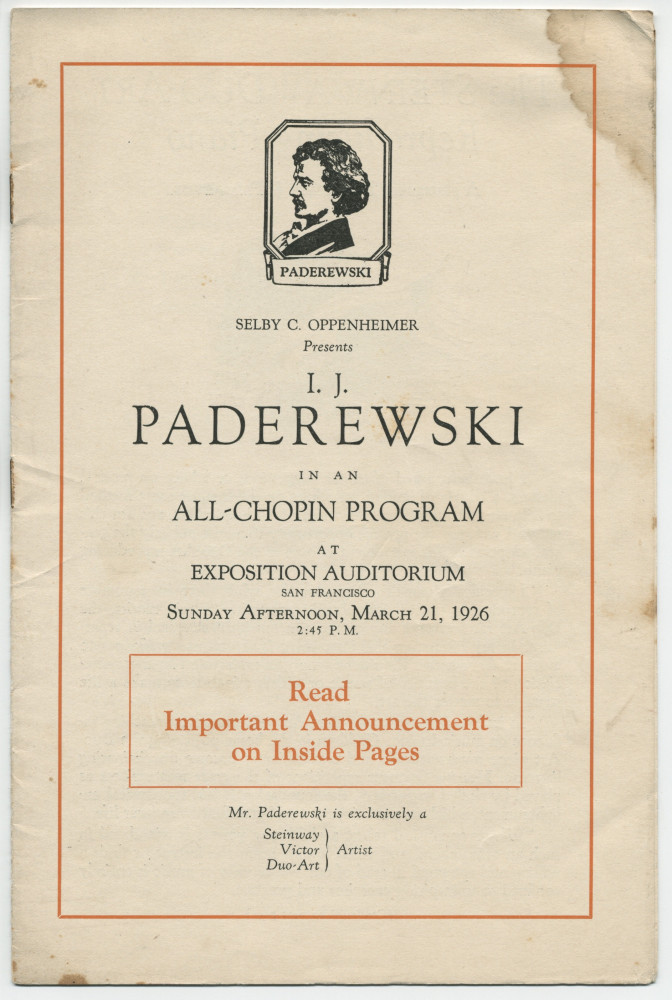 Libretto (en deux parties) du récital Chopin donné par Paderewski le 21 mars 1926 à l'Exposition Auditorium de San Francisco (Californie) (a-g)