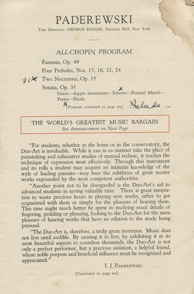 Libretto (en deux parties) du récital Chopin donné par Paderewski le 21 mars 1926 à l'Exposition Auditorium de San Francisco (Californie) (a-g)