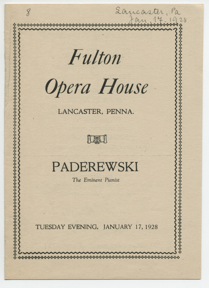 Programme du récital donné par Paderewski «The Eminent Pianist» le 17 janvier 1928 au Fulton Opera House de Lancaster (Pennsylvanie)