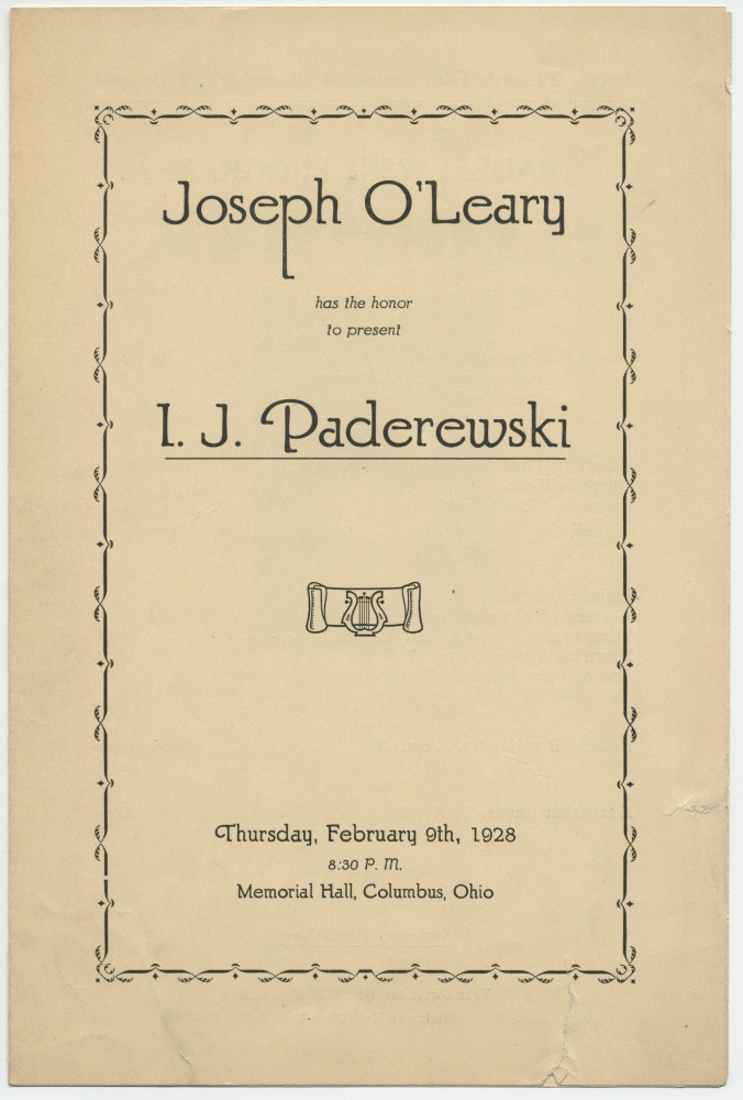 Programme du récital donné par Paderewski le 9 février 1928 au Memorial Hall de Columbus (Ohio)