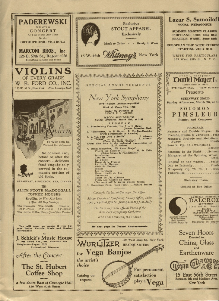 Libretto du récital donné par Paderewski le 24 mars 1928 au Carnegie Hall de New York