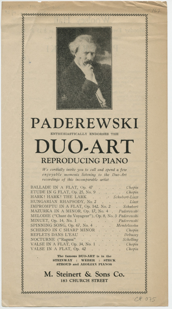 Programme du récital donné par Paderewski le 26 mars 1928 au Woolsey Hall de New Heaven (Connecticut)