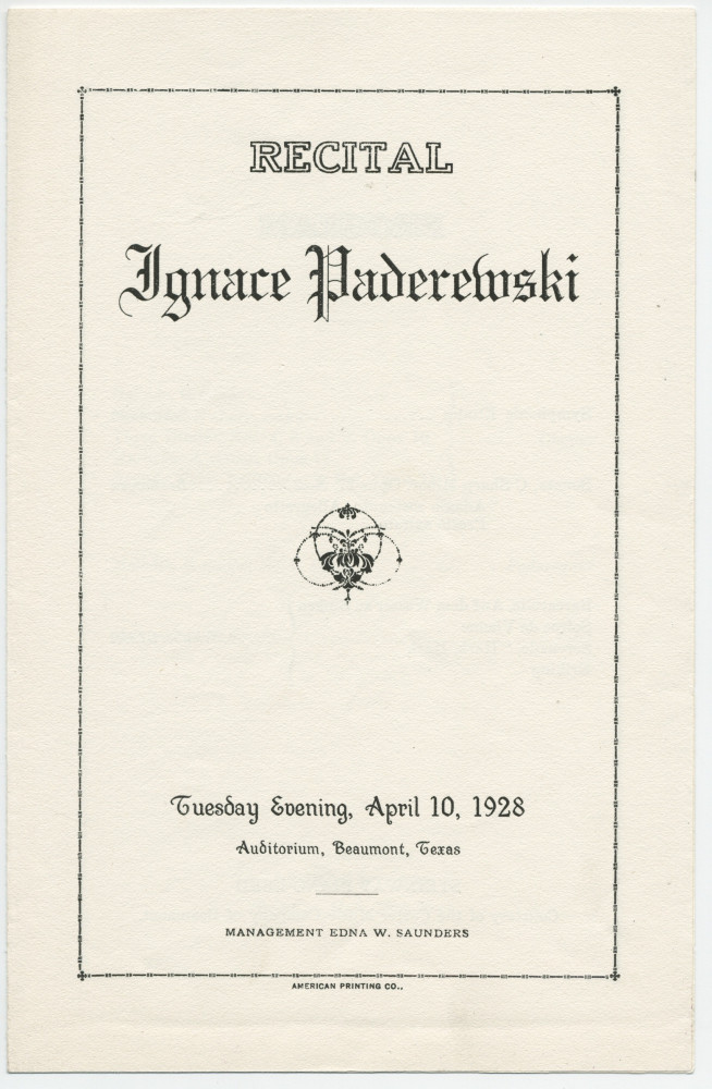 Programme du récital donné par Paderewski le 10 avril 1928 à l'Auditorium de Beaumont (Texas)