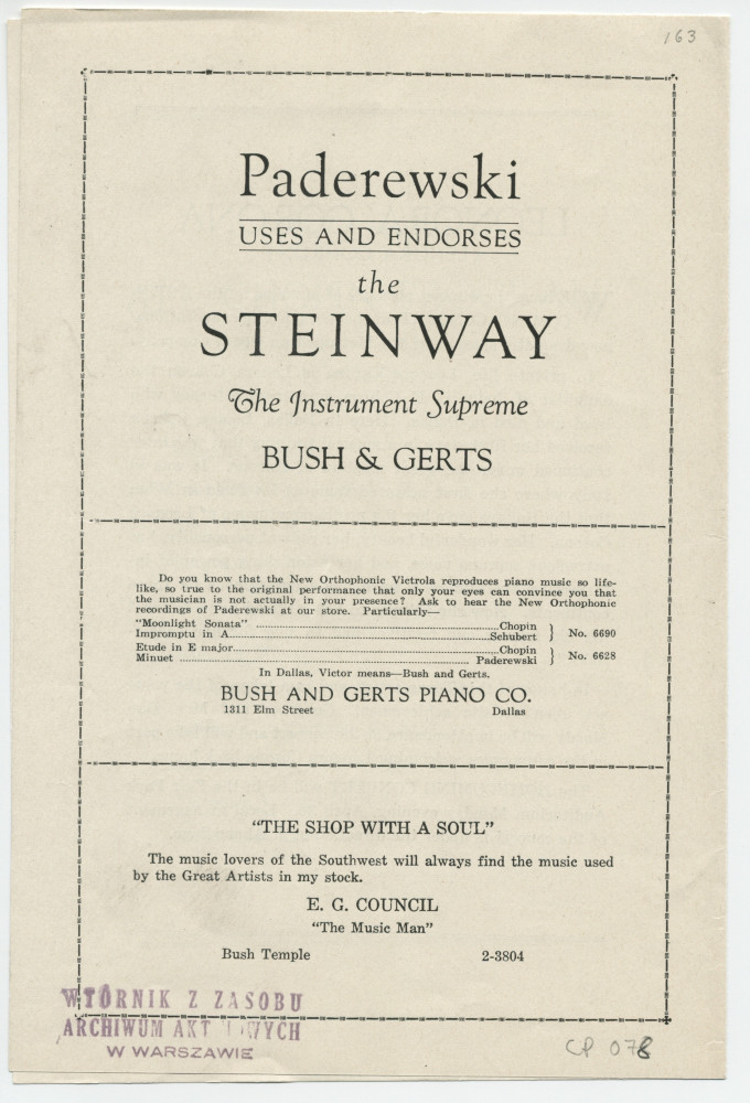 Programme du récital Chopin donné par Paderewski le 16 avril 1928 au Fair Park Auditorium de Dallas (Texas)