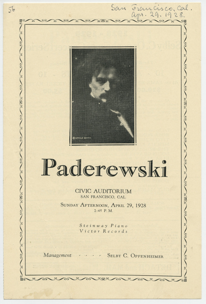 Programme du récital donné par Paderewski le 29 avril 1928 au Civic Auditorium de San Francisco (Californie)