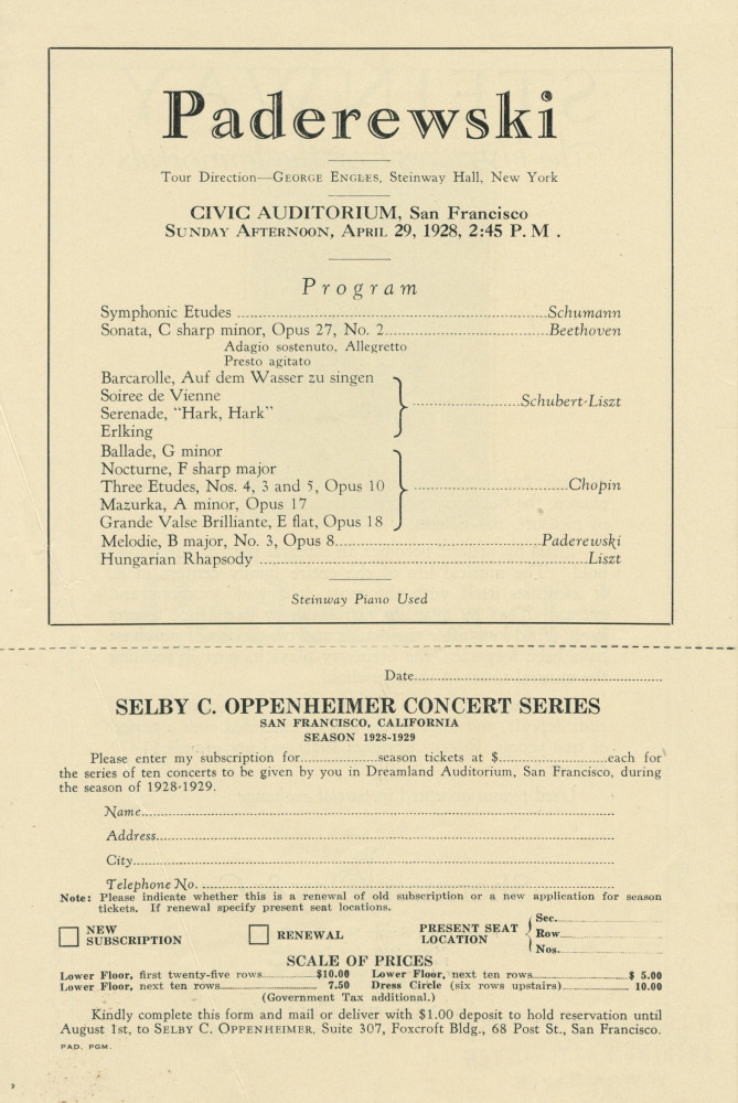 Programme du récital donné par Paderewski le 29 avril 1928 au Civic Auditorium de San Francisco (Californie)