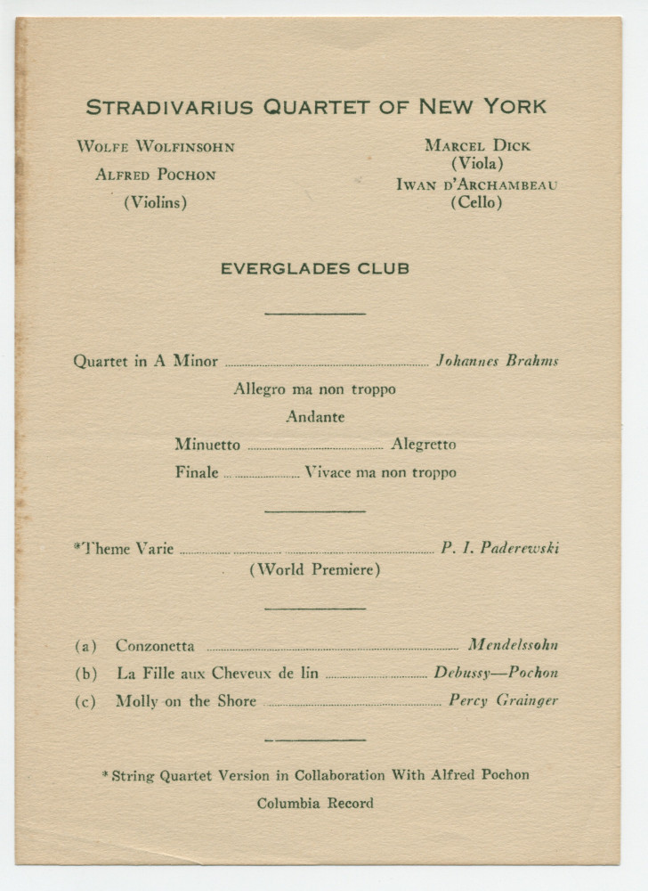 Programme de la création par le Quatuor Stradivarius de New York de la transcription pour quatuor à cordes du «Thème varié» pour piano op. 16 n° 3 de Paderewski réalisée par Alfred Pochon