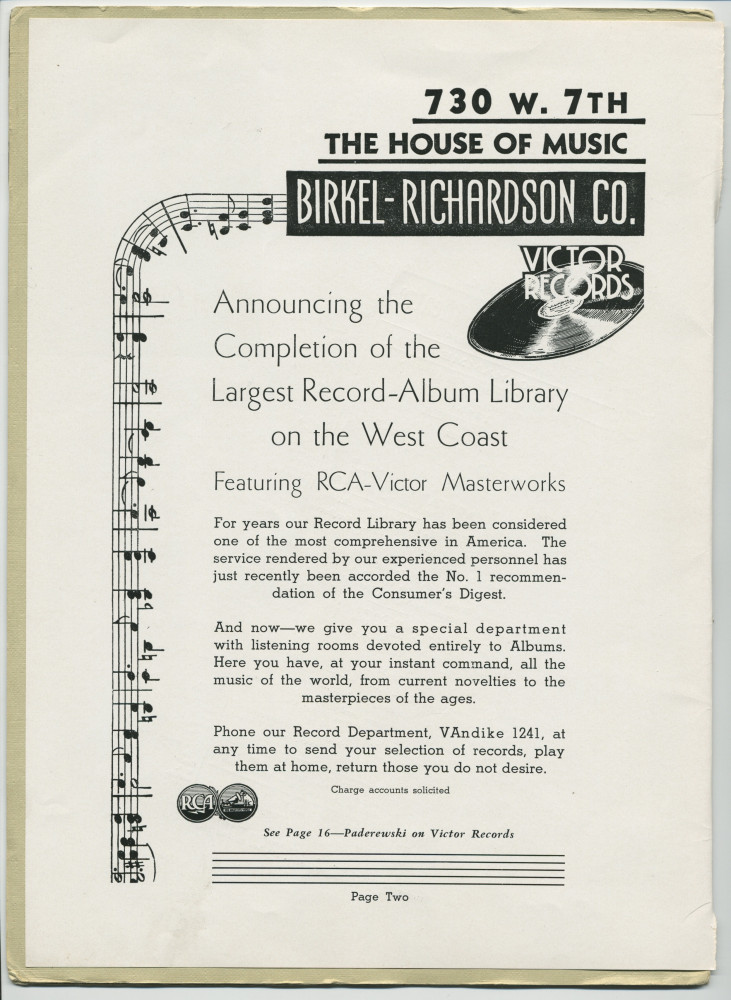 Libretto illustré et documenté du «Paderewski Twentieth American Tour Souvenir Program» [récital-souvenir de la 20e tournée américaine de Paderewski] donné le 2 avril 1939 au Shrine Auditorium de Los Angeles (Californie) (a-i)