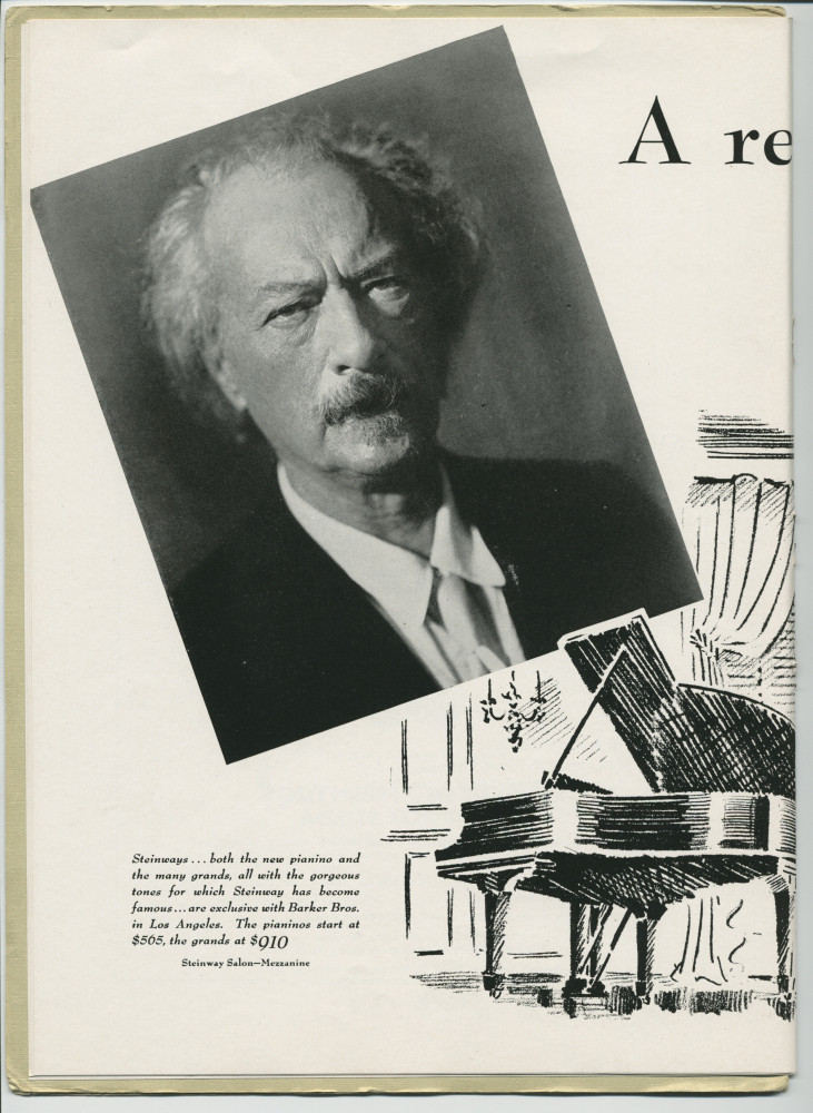 Libretto illustré et documenté du «Paderewski Twentieth American Tour Souvenir Program» [récital-souvenir de la 20e tournée américaine de Paderewski] donné le 2 avril 1939 au Shrine Auditorium de Los Angeles (Californie) (j-r)