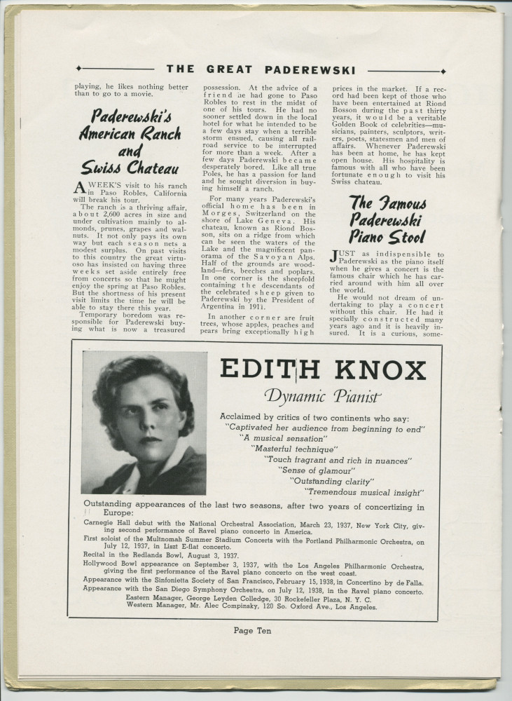 Libretto illustré et documenté du «Paderewski Twentieth American Tour Souvenir Program» [récital-souvenir de la 20e tournée américaine de Paderewski] donné le 2 avril 1939 au Shrine Auditorium de Los Angeles (Californie) (j-r)