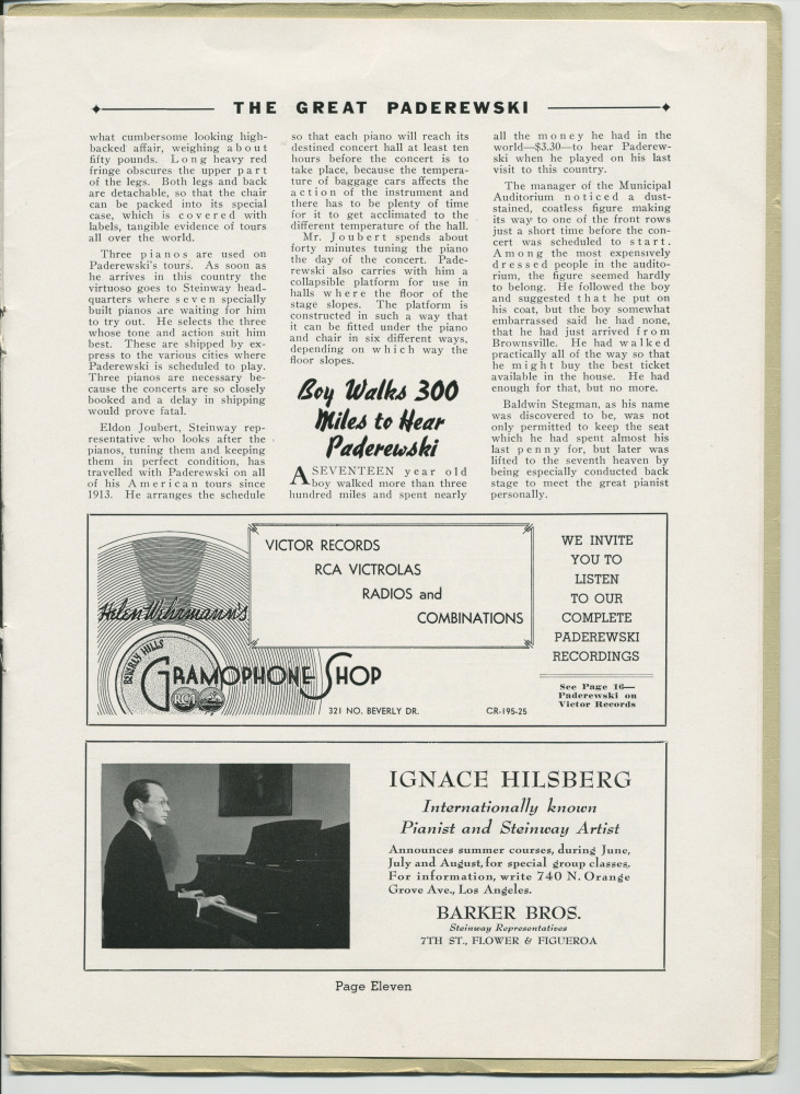 Libretto illustré et documenté du «Paderewski Twentieth American Tour Souvenir Program» [récital-souvenir de la 20e tournée américaine de Paderewski] donné le 2 avril 1939 au Shrine Auditorium de Los Angeles (Californie) (j-r)