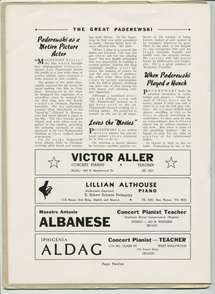 Libretto illustré et documenté du «Paderewski Twentieth American Tour Souvenir Program» [récital-souvenir de la 20e tournée américaine de Paderewski] donné le 2 avril 1939 au Shrine Auditorium de Los Angeles (Californie) (j-r)
