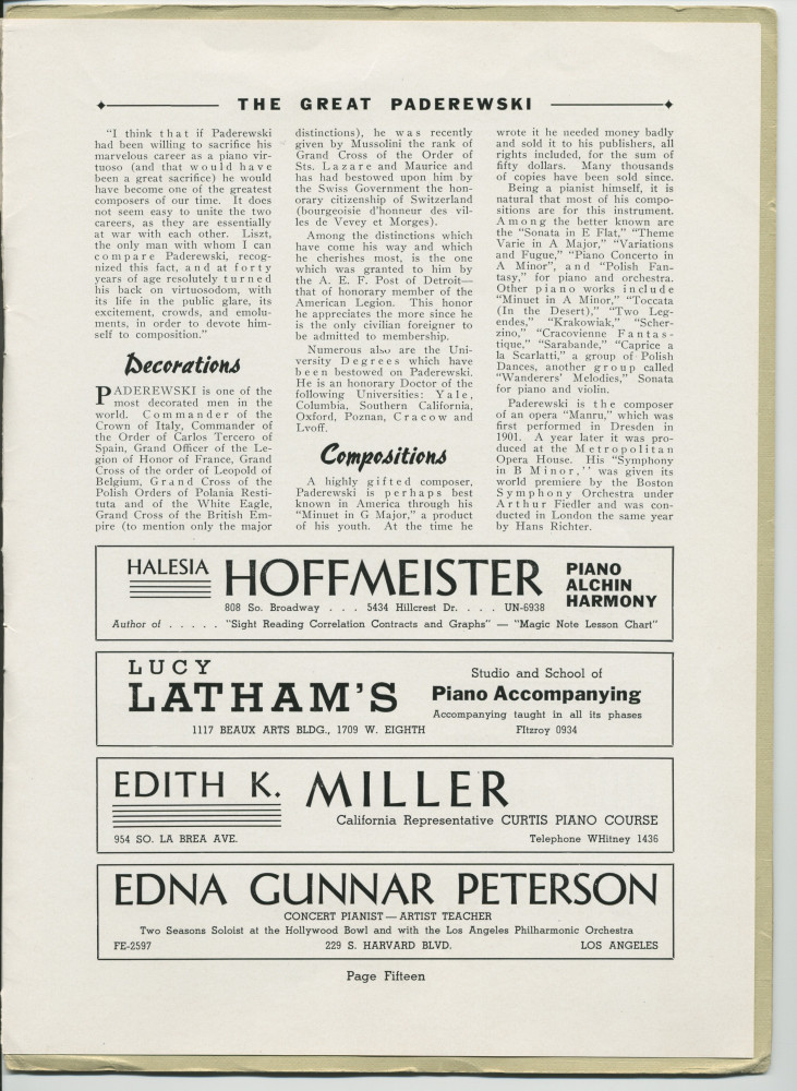 Libretto illustré et documenté du «Paderewski Twentieth American Tour Souvenir Program» [récital-souvenir de la 20e tournée américaine de Paderewski] donné le 2 avril 1939 au Shrine Auditorium de Los Angeles (Californie) (j-r)