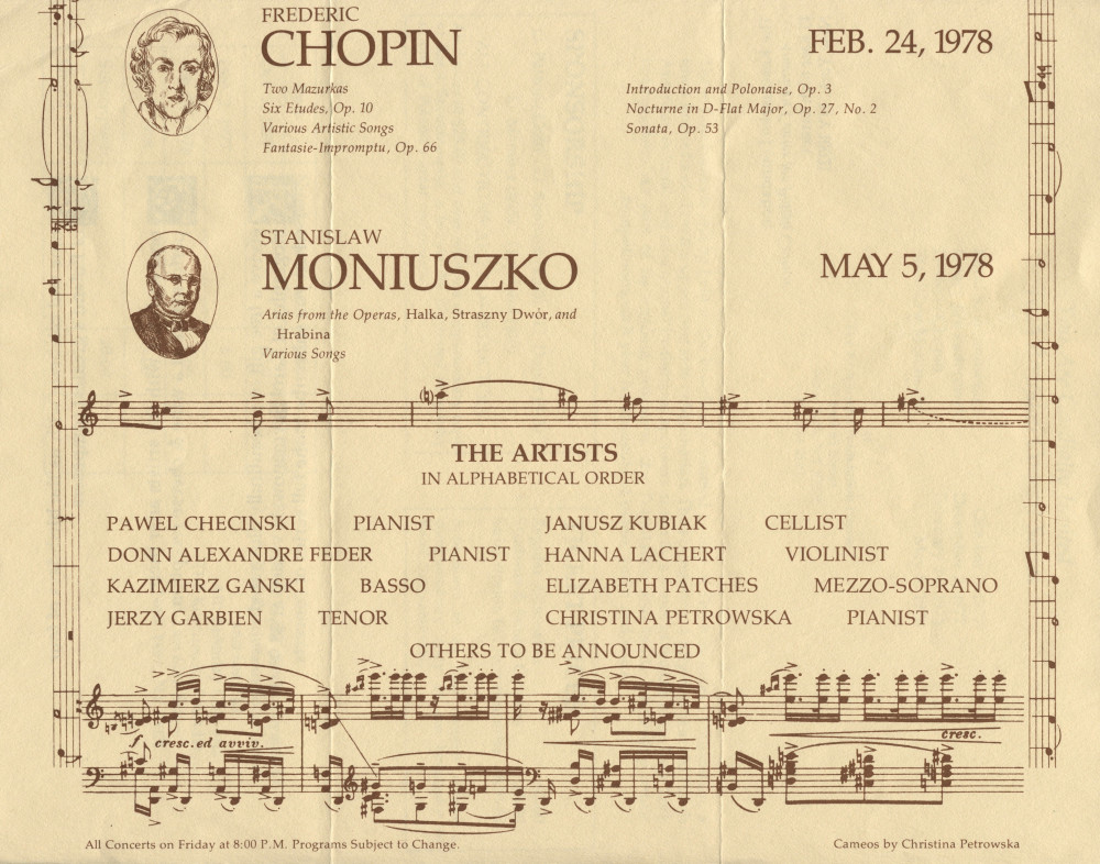 Programme du récital Paderewski donné le 2 décembre 1977 à la Kosciuszko Foundation de New York, 15 East 65 Street, par la mezzo-soprano Elizabeth Patches et le pianiste Pawel Checinski, dans le cadre des «Birthday Concerts» (avec programme général)
