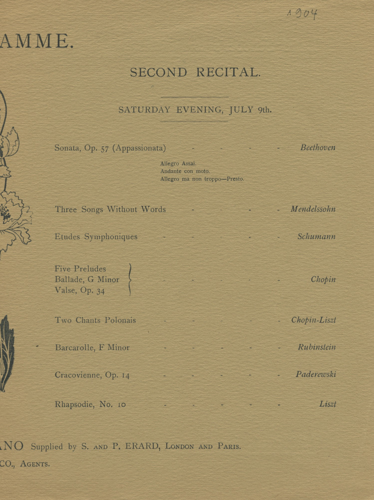 Programme des récitals donné par Paderewski les 7 et 9 juillet 1904 au Town Hall de Melbourne