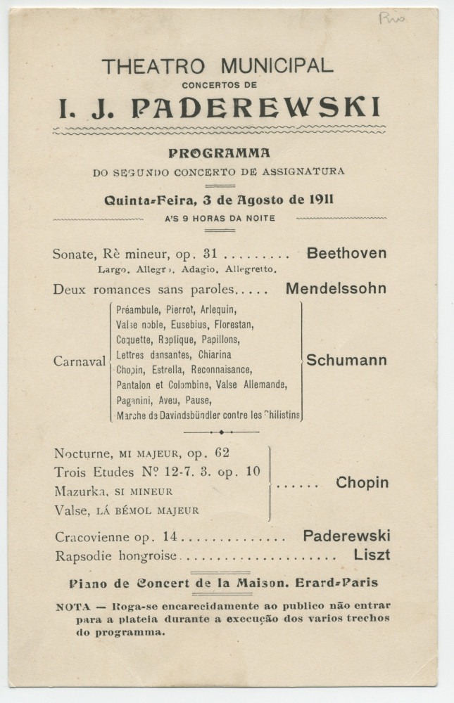 Programme du 2e récital donné par Paderewski le 3 août 1911 au Teatro municipal de Rio de Janeiro dans le cadre d'une tournée sud-américaine