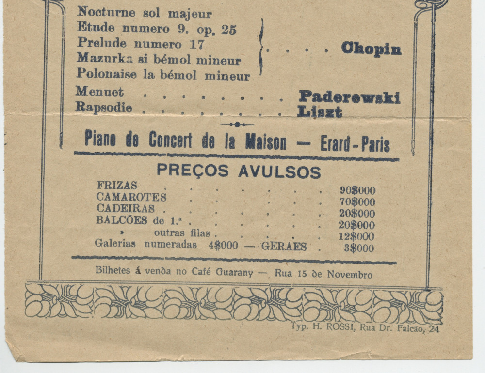 Programme du récital donné par Paderewski («eminente pianista unico no mundo») le 17 août 1911 au Teatro Sant'Anna de São Paolo dans le cadre d'une tournée sud-américaine