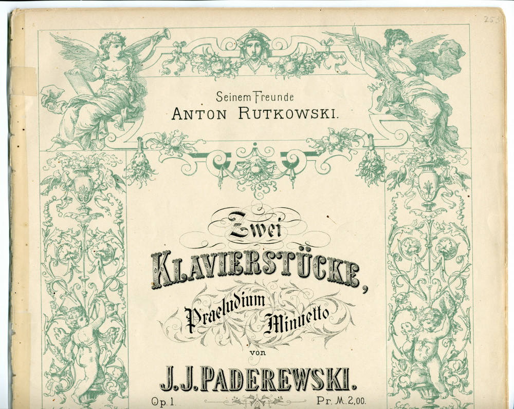 Partition des «Zwei Klavierstücke» op. 1 de Paderewski – n° 1: Präludium à capriccio, n° 2: Minuetto (Ed. Bote & G. Bock, Berlin & Posen – dédicace «seinem Freunde Anton Rutkowski»)