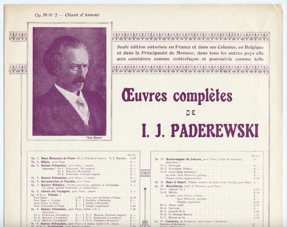 Partition du «Chant d'amour» tiré de l'«Album de mai, scènes romantiques pour piano» op. 10 n° 2 de Paderewski (Max Eschig, Paris – avec en couverture une liste des «Œuvres complètes de Paderewski» diffusées par cette maison)