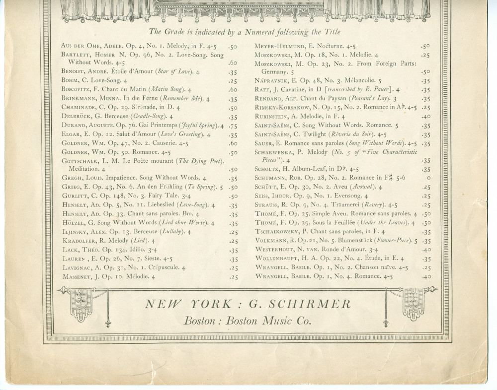 Partition du «Chant d'amour» tiré de l'«Album de mai, scènes romantiques pour piano» op. 10 n° 2 de Paderewski (G. Schirmer, New York – avec en couverture une liste de «Melodious Pieces for the Piano» éditées par cette maison)