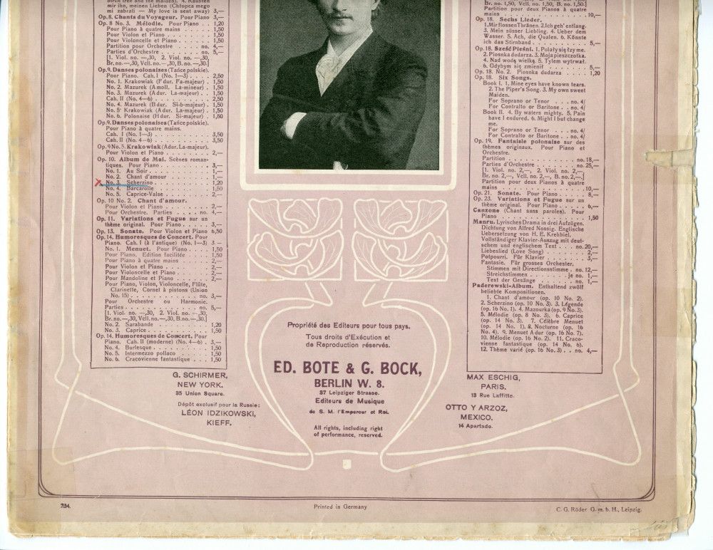 Partition du «Scherzino» tiré de l'«Album de mai, scènes romantiques pour piano» op. 10 n° 3 de Paderewski (Ed. Bote & Bock, Berlin – avec en couverture une liste des «compositions de Paderewski» diffusées par cette maison)