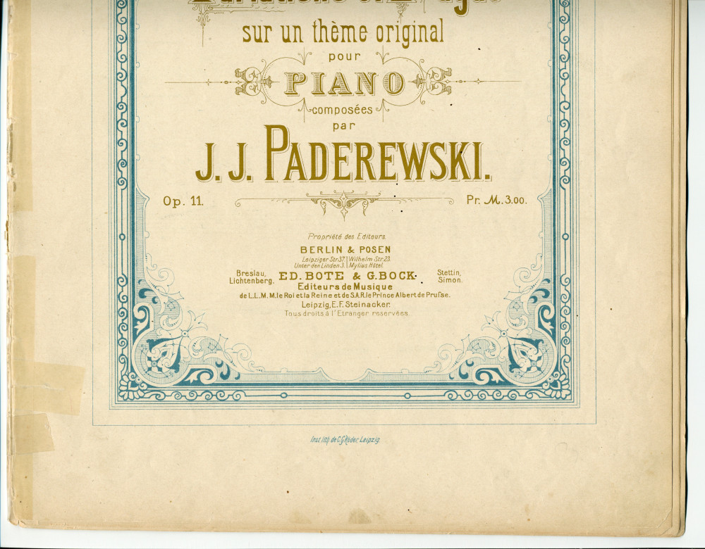 Partition des «Variations et Fugue sur un thème original pour piano» op. 11 de Paderewski (Ed. Bote & G. Bock, Berlin & Posen – dédicace «à Monsieur Eugène d'Albert»)