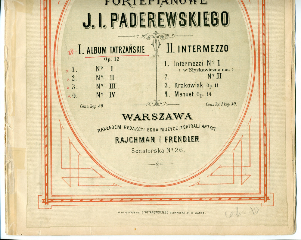 Partition de l'«Album de Tatra (Album Tatrzanskie)», danses et chants populaires polonais de Zakopane pour piano op. 12 de Paderewski (Rajchman i Frendler, Varsovie)