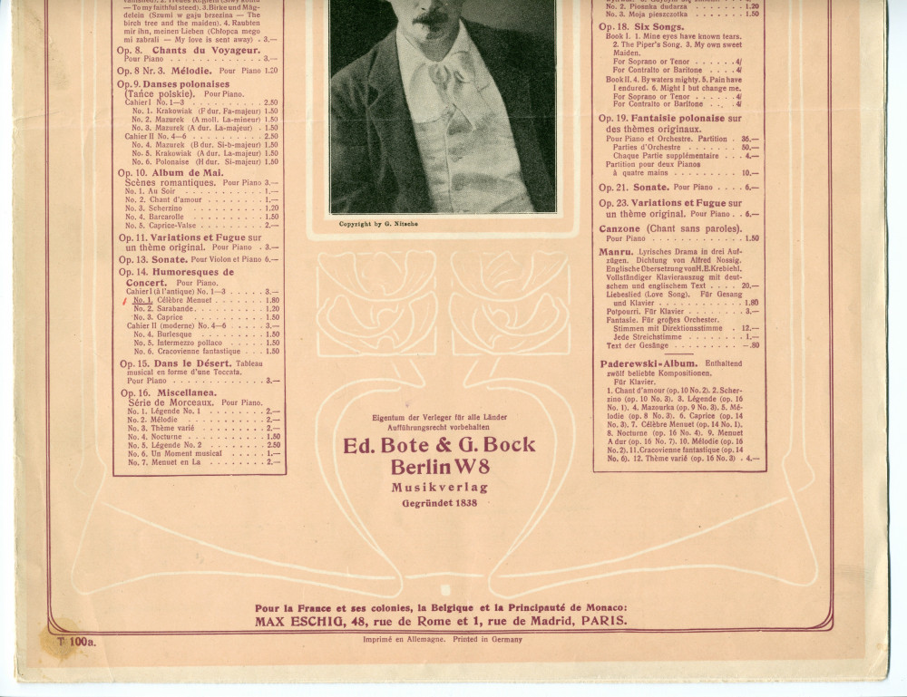 Partition du «Menuet» tiré du cahier I (antique) des «Humoresques de concert» pour piano op. 14 n° 1 de Paderewski (Ed. Bote & G. Bock, Berlin / Max Eschig, Paris)