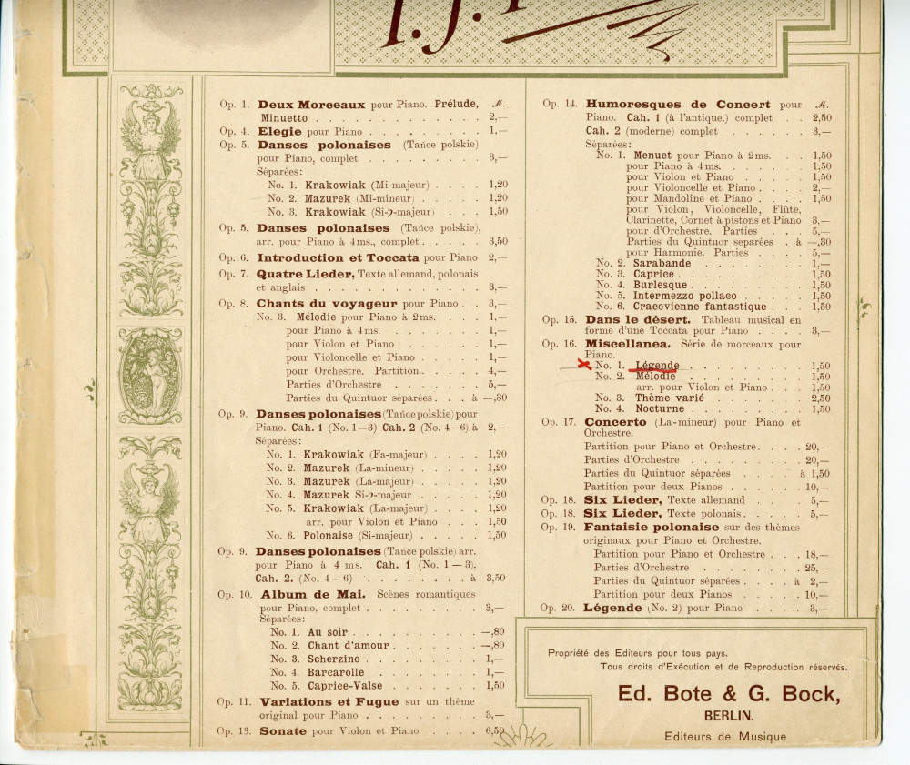 Partition de la «Légende» (n° 1) tirée des «Miscellanea, série de morceaux pour piano» op. 16 n° 1 de Paderewski (Ed. Bote & G. Bock, Berlin)