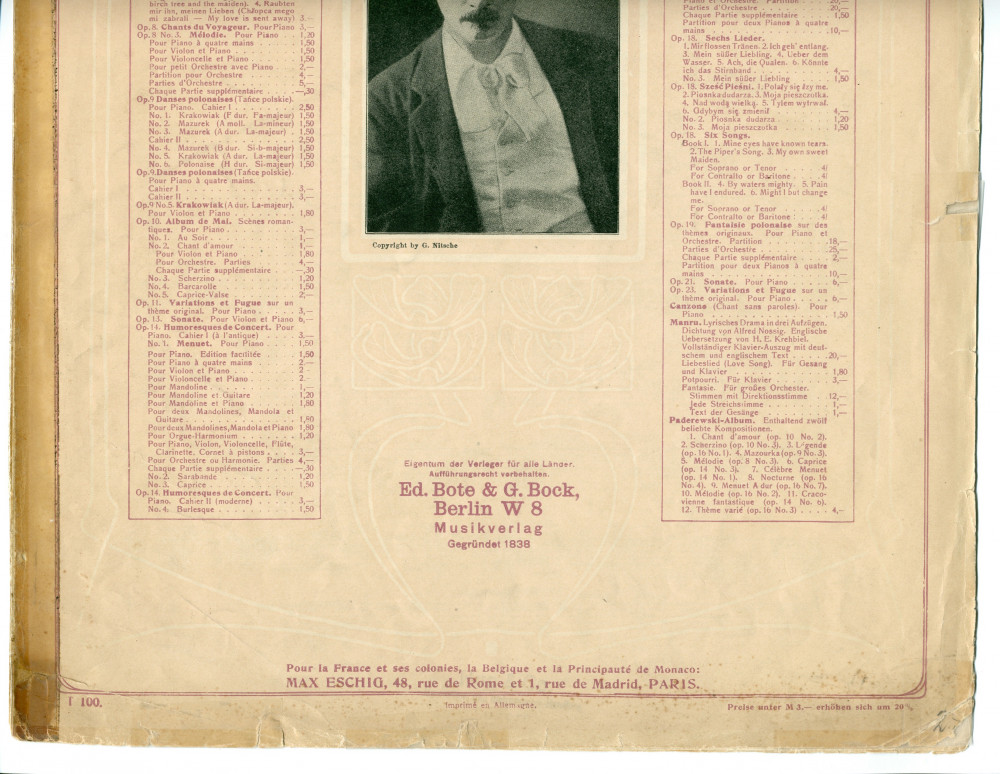 Partition de la «Légende» (n° 1) tirée des «Miscellanea, série de morceaux pour piano» op. 16 n° 1 de Paderewski (Ed. Bote & G. Bock, Berlin / Max Eschig, Paris)