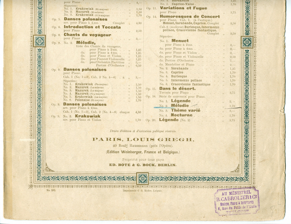 Partition de la «Mélodie» tirée des «Miscellanea, série de morceaux pour piano» op. 16 n° 2 de Paderewski (Louis Gregh, Paris – avec en couverture une liste des «compositions de Paderewski» diffusées par cette maison – dédicace «à Madame Marie Trélat»)
