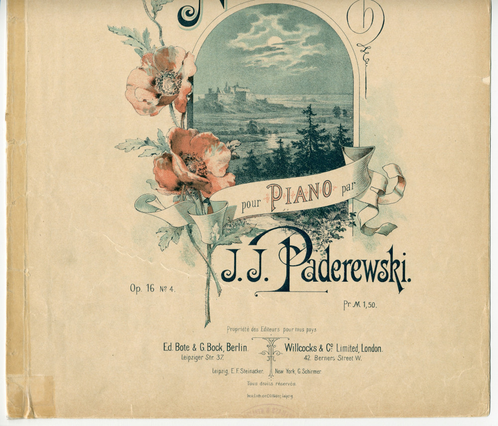 Partition du «Nocturne» tiré des «Miscellanea, série de morceaux pour piano» op. 16 n° 4 de Paderewski (Ed. Bote & G. Bock, Berlin / Willcocks & Co. Limited, Londres / G. Schirmer, New York, 1892)