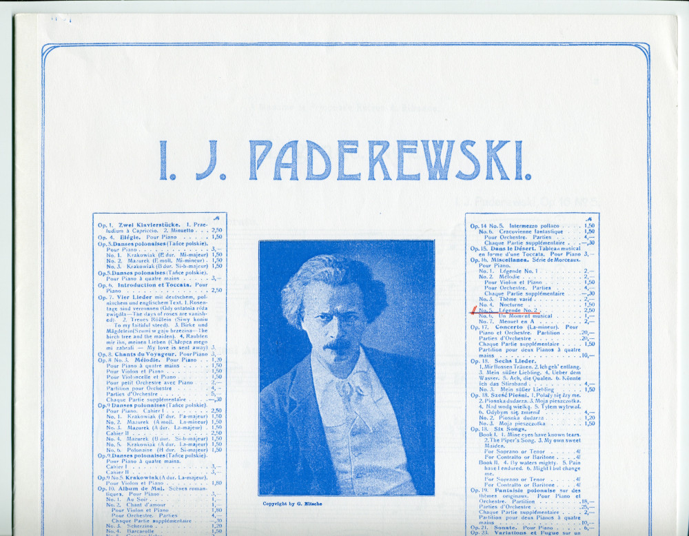 Partition de la «Légende» (n° 2) tirée des «Miscellanea, série de morceaux pour piano» op. 16 n° 5 de Paderewski (Ed. Bote & G. Bock, Berlin / Max Eschig, Paris)