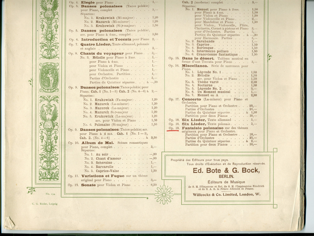 Partition de la «Fantaisie polonaise sur des thèmes originaux pour piano et orchestre» op. 19 de Paderewski – réduction pour 2 pianos (à 4 mains) (Ed. Bote & G. Bock, Berlin / Willcocks & Co. Limited, Londres / G. Schirmer, New York, 1895)