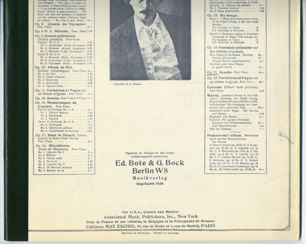 Partition de la «Sonate pour piano» en mi bémol majeur op. 21 de Paderewski (Ed. Bote & G. Bock, Berlin / Associated Music Publishers, Inc., New York / Max Eschig, Paris)