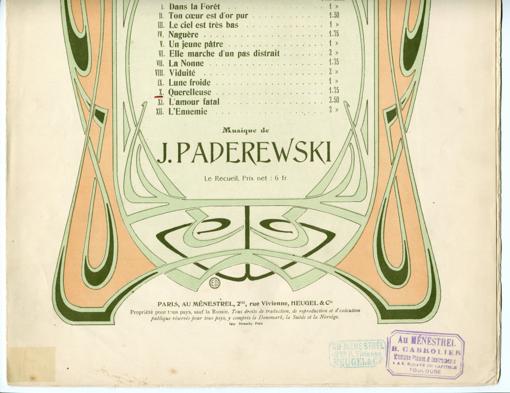 Partition de la mélodie n° 10 «Querelleuse» tirée des «Douze mélodies sur des poésies de Catulle Mendès» pour voix et piano op. 22 n° 10 de Paderewski (Au Ménestrel / Heugel & Cie, Paris)