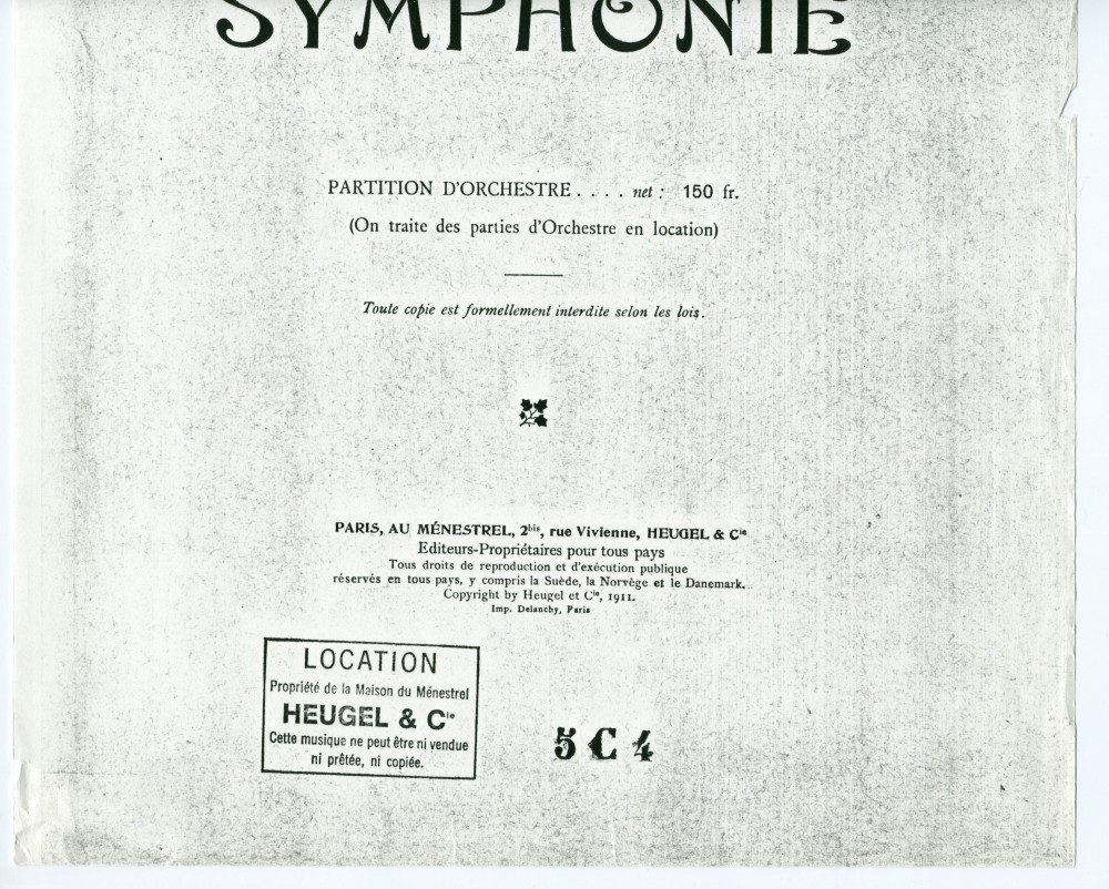 Photocopie de la page de couverture de la «Symphonie» en si mineur op. 24 de Paderewski (Au Ménestrel / Heugel & Cie, Paris, 1911)